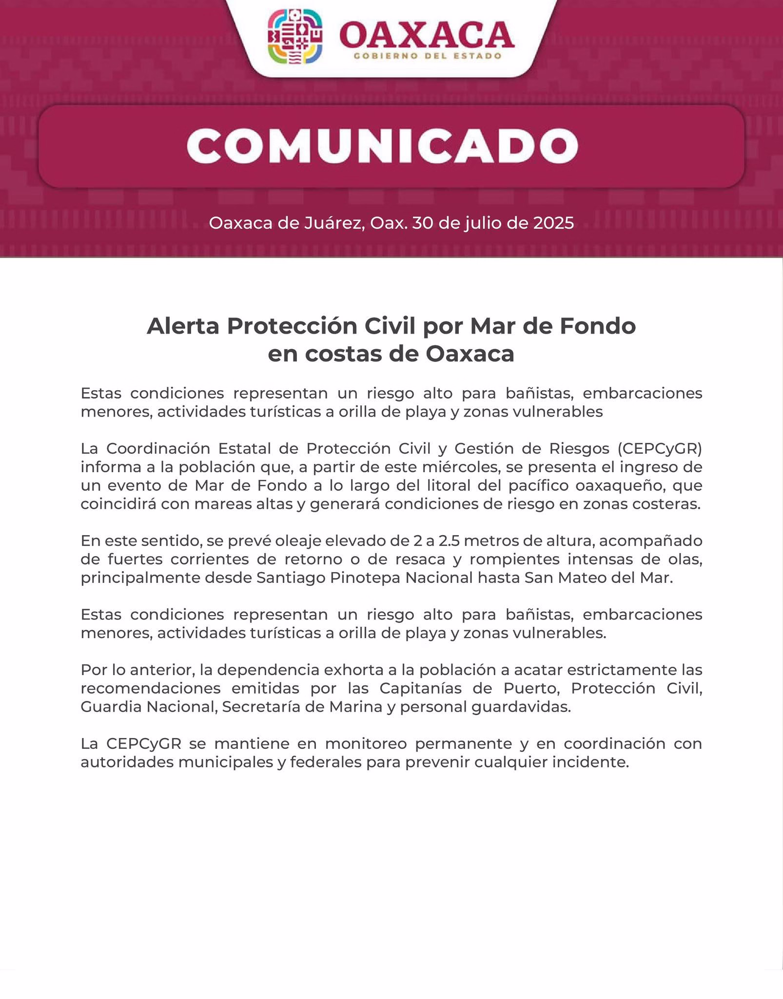 Protección Civil advierte riesgo alto por Mar de Fondo en el litoral Pacífico de Oaxaca La Coordinación Estatal de Protección Civil y Gestión de Riesgos (CEPCyGR) ha emitido una alerta preventiva ante la llegada de un evento de Mar de Fondo que impactará el litoral del Pacífico oaxaqueño a partir de este miércoles, generando condiciones de alto riesgo para las zonas costeras. https://larevistadelsureste.com Protección Civil advierte riesgo alto por Mar de Fondo en el litoral Pacífico de Oaxaca La Coordinación Estatal de Protección Civil y Gestión de Riesgos (CEPCyGR) ha emitido una alerta preventiva ante la llegada de un evento de Mar de Fondo que impactará el litoral del Pacífico oaxaqueño a partir de este miércoles, generando condiciones de alto riesgo para las zonas costeras. https://larevistadelsureste.com