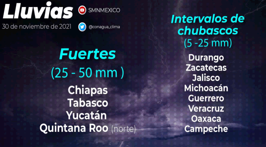 Continuarán las lluvias en Tabasco, Chiapas Yucatán