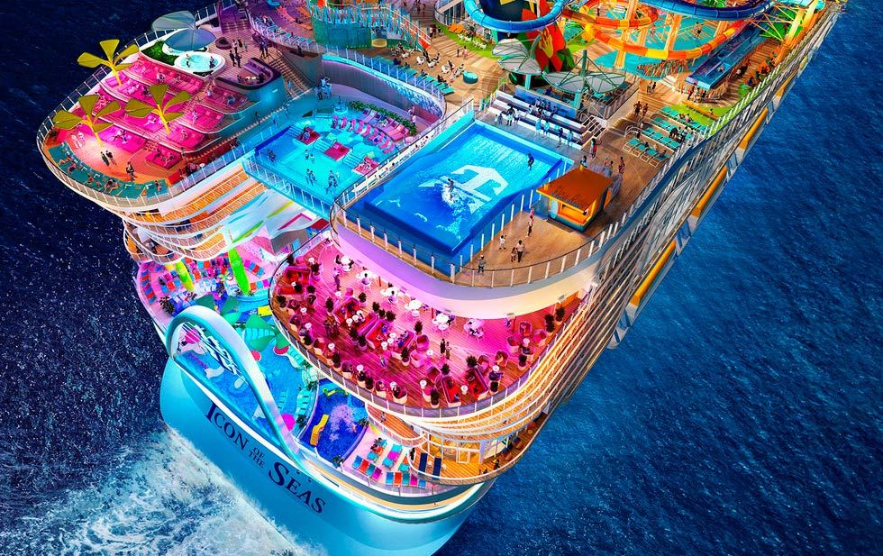 Icon of the Seas: Así será el crucero más grande del mundo que comenzará a navegar en 2024 Otras de las atracciones que formarán parte del Icon of the Seas serán una especie de ventanales con pantallas que utilizan tecnología de punta con la finalidad de que las cámaras que están ubicadas en diferentes puntos del crucero capten en tiempo real imágenes del océano.  https://larevistadelsureste.com