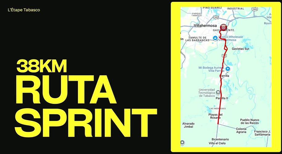 Mapa Oficial De La Ruta Sprint De 38 Kilómetros Para El Evento De Ciclismo L’étape Tabasco By Tour De France 2026. La Imagen Muestra El Trayecto Lineal Que Conecta El Centro De Villahermosa Con La Zona De Playas Del Rosario, Destacando La Infraestructura Vial Y Los Puntos De Conectividad Que Posicionan A Tabasco Como Sede De Turismo Deportivo Internacional.
