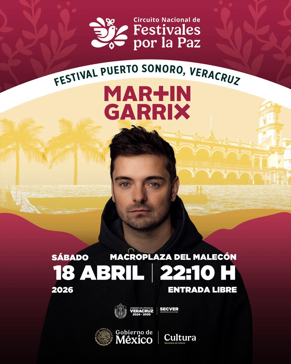 Martin garrix encabezará el "festival puerto sonoro" en el malecón de veracruz: fecha y horario la revista del sureste mx Cartel Publicitario Del &Quot;Festival Puerto Sonoro, Veracruz&Quot;. En La Parte Superior, Sobre Un Fondo Color Guinda Con Ilustraciones De Hojas, Aparece El Logotipo Blanco Del &Quot;Circuito Nacional De Festivales Por La Paz&Quot;. Al Centro, Una Franja Blanca Curva Contiene El Nombre Del Festival. Debajo, El Nombre Del Dj &Quot;Martin Garrix&Quot;