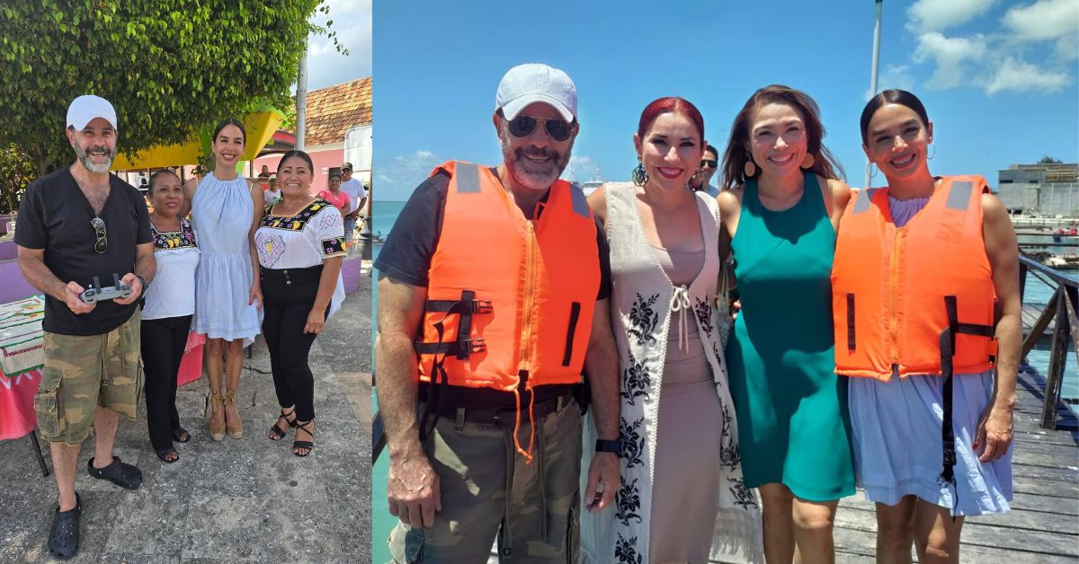 Un Collage De Dos Fotografías De La Visita De Eduardo Capetillo Y Biby Gaytán A Campeche. La Foto De La Izquierda Muestra A La Pareja Posando En Una Calle Empedrada De Palizada Con Dos Mujeres Vestidas Con Trajes Tradicionales Mexicanos Bordados, Bajo Árboles Frondosos.