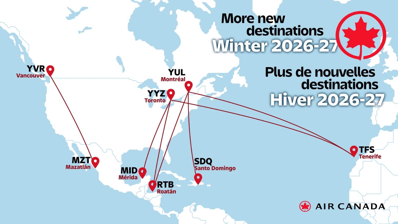 Conexión internacional: yucatán se enlaza directamente con toronto a través de air canada la revista del sureste mx Un Mapa Esquemático De América Del Norte, Central Y Una Parte De Europa Occidental, Que Muestra Las Nuevas Rutas De Vuelo De Air Canada Para El Invierno 2026-27. El Fondo Es Un Mapamundi Azul Claro Simplificado.