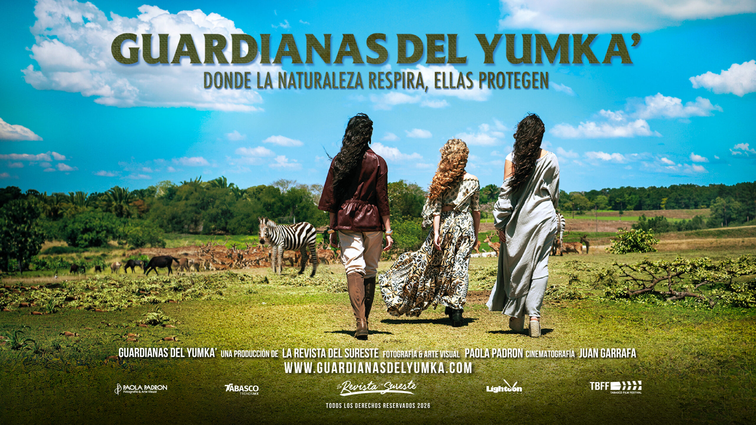 Cartel Oficial Del Proyecto &Quot;Guardianas Del Yumka’&Quot;. La Imagen Muestra A Tres Mujeres De Espalda Caminando Hacia La Sabana De La Reserva Ecológica Yumka' En Tabasco.