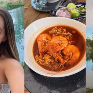 La actriz chiapaneca gabriela carrillo cautiva con postales desde su natal pichucalco la revista del sureste mx Collage De Tres Fotografías De La Actriz Chiapaneca Gabriela Carrillo Durante Su Visita A Pichucalco. A La Izquierda, Una Selfie De Gabriela Sonriendo Con Un Río Color Esmeralda De Fondo.