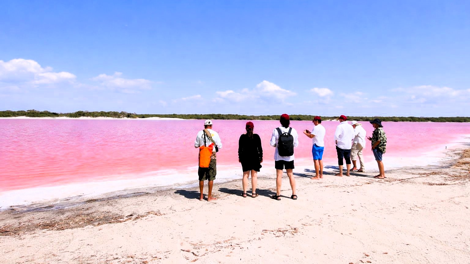 Vista Panorámica De Una Laguna De Color Rosa Intenso Bajo Un Cielo Azul Despejado En La Herradura, Campeche. La Orilla Es De Arena Blanca Y Fina, Con Arbustos Bajos Y Manglares A Los Costados. Se Ven Pequeñas Siluetas De Personas A Lo Lejos.