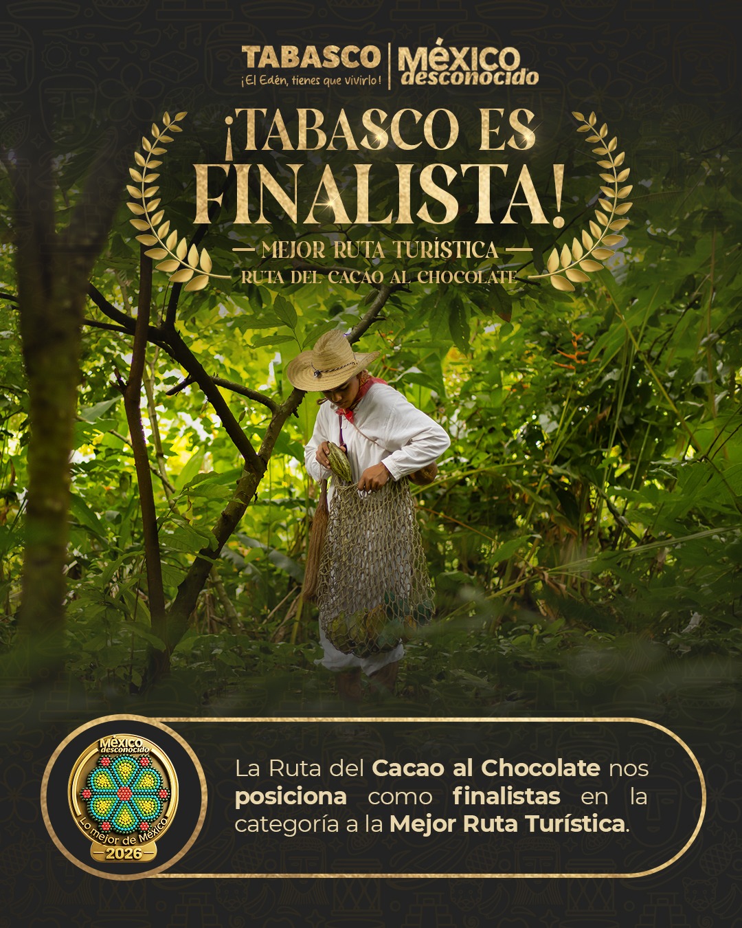 Un Cartel Publicitario Vertical Con El Encabezado Dorado &Quot;¡Tabasco Es Finalista!&Quot; Y El Subtítulo &Quot;Mejor Ruta Turística - Ruta Del Cacao Al Chocolate&Quot;.