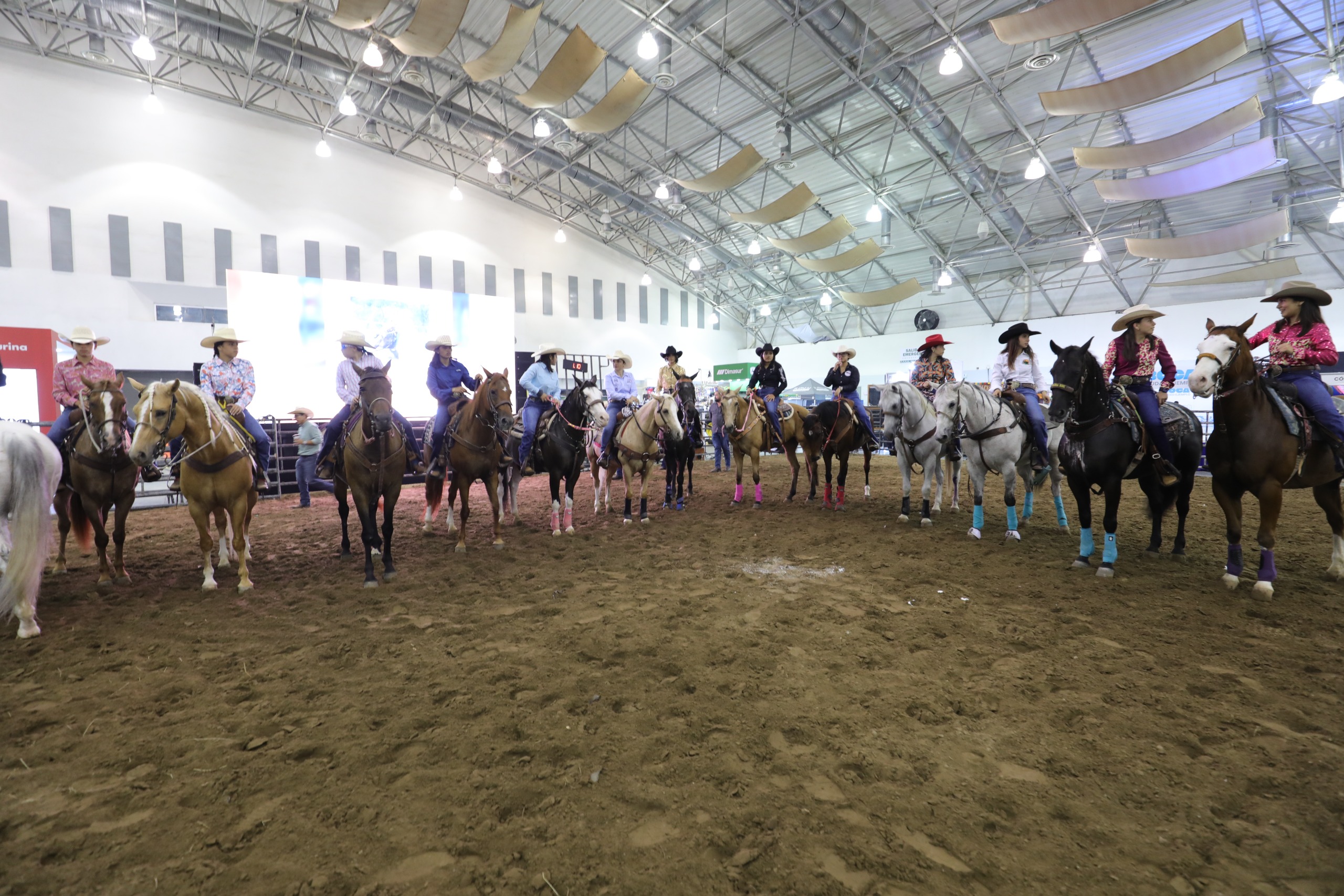 Vista Panorámica Del Interior Del World Trade Center De Veracruz Durante El Primer Congreso Nacional Del Caballo. Un Grupo De Aproximadamente Doce Mujeres Jinetes, Vestidas Con Atuendos Vaqueros Y Sombreros, Están Alineadas En Semicírculo Sobre Sus Caballos En Una Pista De Arena.