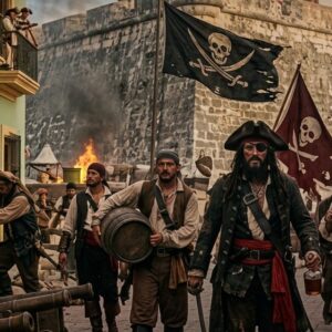 Campeche será sede del primer festival internacional del pirata y el ron 2026 la revista del sureste mx : Fotografía Panorámica En Formato Horizontal Que Recrea Una Escena Histórica De Piratas En Una Calle Empedrada Junto A Una Fortificación De Piedra Colonial De Fondo. En Primer Plano Camina Un Capitán Pirata Con Sombrero De Tricornio, Un Parche En El Ojo, Barba Oscura, Casaca Larga Y Un Fajín Rojo, Sosteniendo Una Botella De Ron