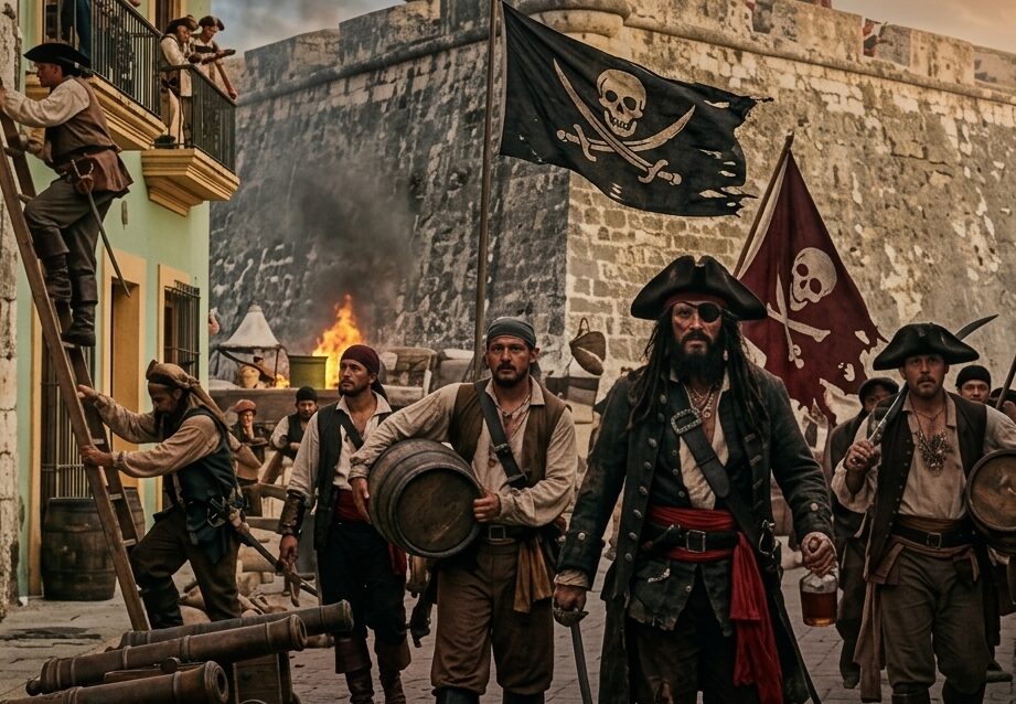 Campeche será sede del primer festival internacional del pirata y el ron 2026 la revista del sureste mx : Fotografía Panorámica En Formato Horizontal Que Recrea Una Escena Histórica De Piratas En Una Calle Empedrada Junto A Una Fortificación De Piedra Colonial De Fondo. En Primer Plano Camina Un Capitán Pirata Con Sombrero De Tricornio, Un Parche En El Ojo, Barba Oscura, Casaca Larga Y Un Fajín Rojo, Sosteniendo Una Botella De Ron