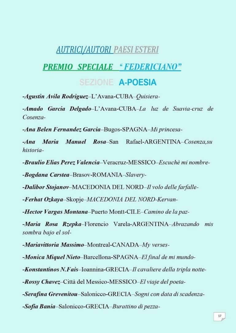 Captura De Un Documento Digital Oficial Impreso Sobre Un Fondo Azul Celeste Muy Tenue. En La Parte Superior, Centrado Y Con Tipografía Subrayada En Color Verde Azulado, Se Lee El Encabezado En Italiano &Quot;Autrici/Autori Paesi Esteri&Quot; (Autoras/Autores Países Extranjeros), Seguido Por La Leyenda &Quot;Premio Speciale 'Federiciano'&Quot; Y El Apartado &Quot;Sezione A-Poesia&Quot; Escrito En Letras Azules.