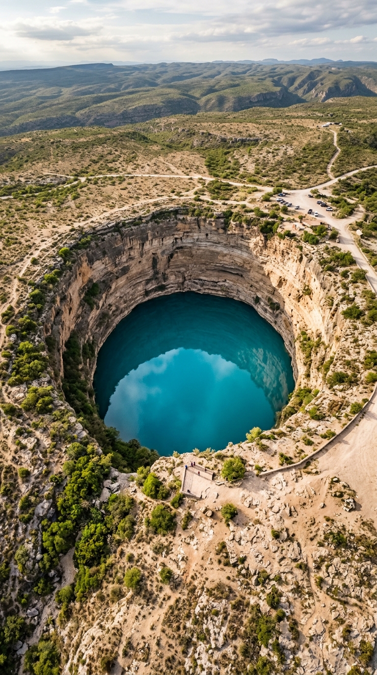 Fotografía Aérea En Plano General Y Perspectiva Picada Que Muestra El Cenote El Zacatón En Medio De La Naturaleza. En El Primer Plano Inferior, Destaca Una Gran Fosa Perfectamente Circular Llena De Agua De Un Intenso Color Verde Esmeralda, Rodeada Por Paredes De Roca Vertical Y Vegetación.