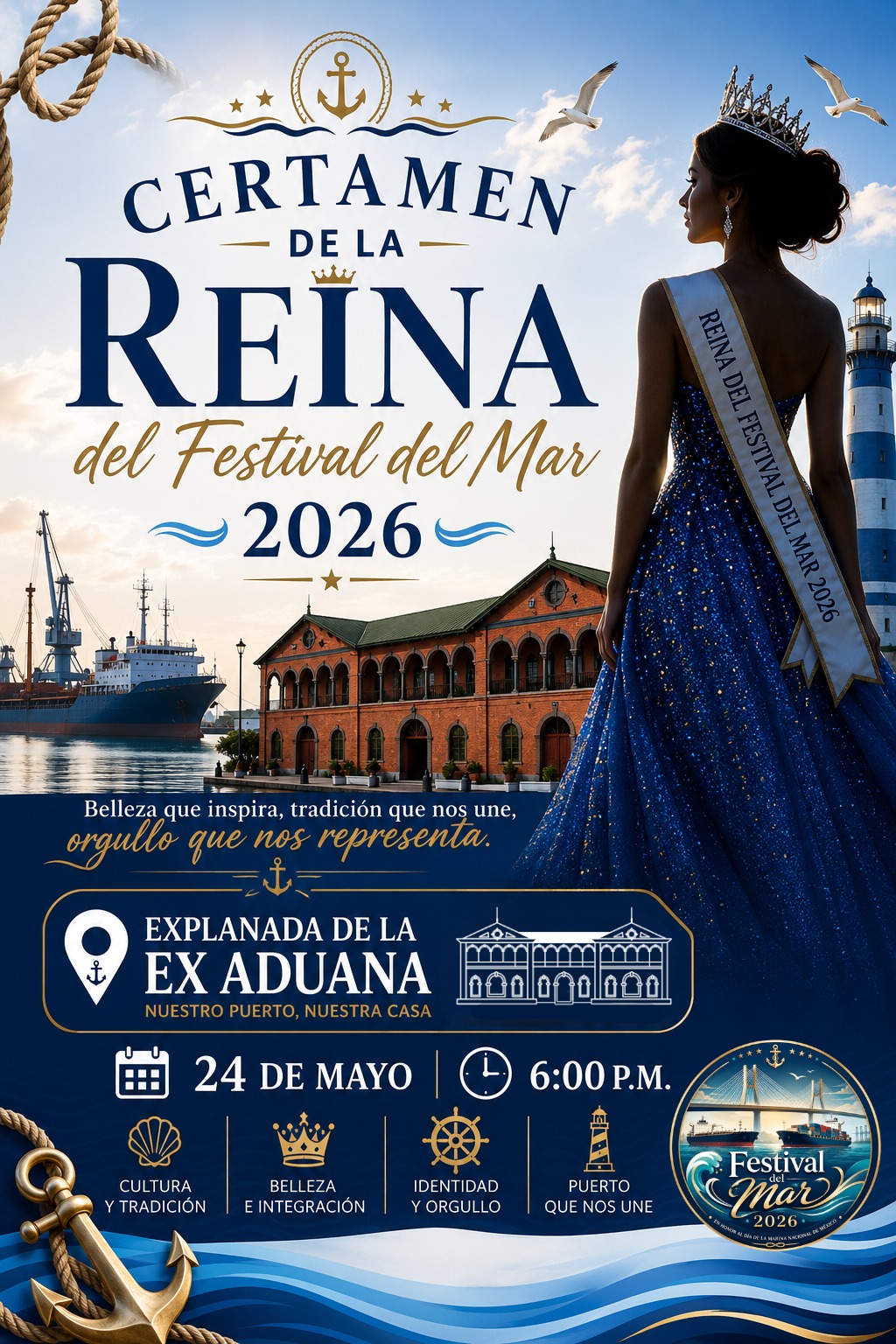 Cartel Publicitario Oficial Del &Quot;Certamen De La Reina Del Festival Del Mar 2026&Quot;. En El Lado Derecho, Se Observa La Silueta De Espaldas De Una Mujer Vistiendo Un Elegante Vestido De Gala Color Azul Rey Con Destellos Dorados, Una Corona Brillante Y Una Banda Que Dice &Quot;Reina Del Festival Del Mar 2026&Quot;. El Fondo Muestra Un Paisaje Portuario Con Un Cielo Semicubierto, Gaviotas Volando, Un Faro Y Un Barco De Carga Junto A Un Gran Edificio Histórico De Ladrillo Rojo. En La Parte Inferior, Sobre Un Fondo Azul Marino, Se Detallan Los Datos Del Evento: Explanada De La Ex Aduana, 24 De Mayo A Las 6:00 P.m., Acompañado De Ilustraciones De Un Ancla, Cuerdas Marineras Y Un Logotipo Circular Del Festival.