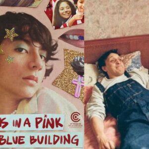 Imagen Dividida En Dos Secciones Que Promociona El Filme Mexicano &Amp;Quot;Seis Meses En El Edificio Rosa Con Azul&Amp;Quot;. La Mitad Izquierda Muestra El Póster Oficial Estilo Collage Con Un Fondo Rosa Pálido; Al Centro Destaca El Rostro Recortado De Un Preadolescente Con Estrellas Doradas Adheridas A Su Mejilla Y Cabello.