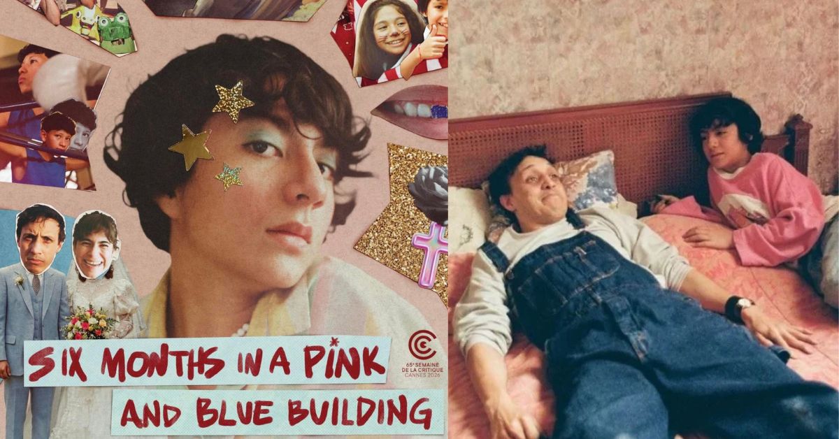 Imagen Dividida En Dos Secciones Que Promociona El Filme Mexicano &Quot;Seis Meses En El Edificio Rosa Con Azul&Quot;. La Mitad Izquierda Muestra El Póster Oficial Estilo Collage Con Un Fondo Rosa Pálido; Al Centro Destaca El Rostro Recortado De Un Preadolescente Con Estrellas Doradas Adheridas A Su Mejilla Y Cabello.