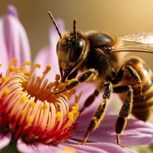 El sureste se viste de verde: "guardianas del yumka’" celebra el día mundial de las abejas y el valor milenario de la miel melipona la revista del sureste mx Fotografía Macro En Plano Medio Que Muestra En Detalle A Una Abeja Polinizando Una Flor Silvestre De Pétalos Color Rosa Pálido Y Centro Amarillo. El Cuerpo De La Abeja, Cubierto De Finos Vellos Dorados Y Rayas Oscuras, Se Encuentra Impregnado De Abundantes Granos De Polen Amarillo Brillante En La Cabeza, Patas Y Abdomen. El Insecto Está Posado Sobre Los Estambres Del Centro De La Flor, Recolectando Néctar Bajo Una Luz Natural Suave Y Difuminada Que Genera Un Fondo Cálido Desenfocado.
