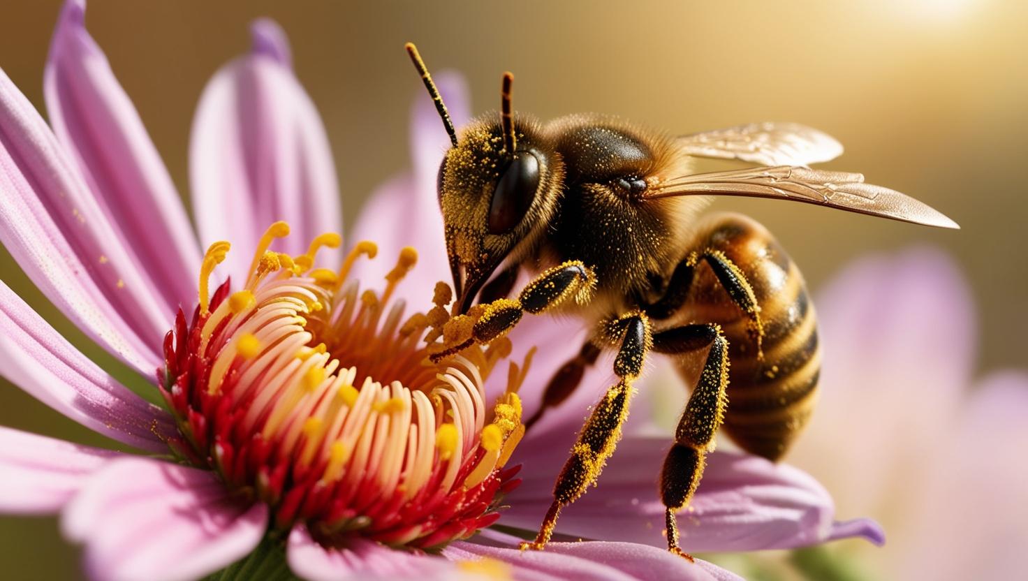 El sureste se viste de verde: "guardianas del yumka’" celebra el día mundial de las abejas y el valor milenario de la miel melipona la revista del sureste mx Fotografía Macro En Plano Medio Que Muestra En Detalle A Una Abeja Polinizando Una Flor Silvestre De Pétalos Color Rosa Pálido Y Centro Amarillo. El Cuerpo De La Abeja, Cubierto De Finos Vellos Dorados Y Rayas Oscuras, Se Encuentra Impregnado De Abundantes Granos De Polen Amarillo Brillante En La Cabeza, Patas Y Abdomen. El Insecto Está Posado Sobre Los Estambres Del Centro De La Flor, Recolectando Néctar Bajo Una Luz Natural Suave Y Difuminada Que Genera Un Fondo Cálido Desenfocado.