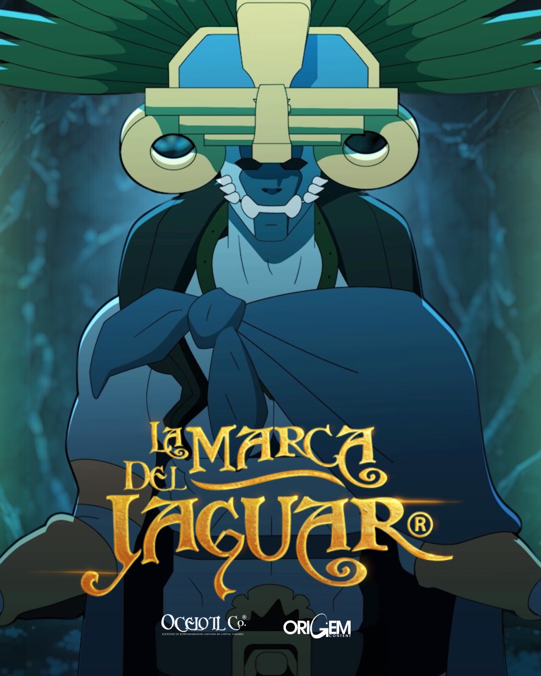 Orgullo nacional en cannes: "la marca del jaguar" de víctor mayorga conquista el marché du film con una épica mexica de animación la revista del sureste mx Póster Vertical De Cine De Animación. Presenta La Figura De Un Guerrero Mesoamericano Azul, De Cuerpo Entero Y Musculoso, De Pie Y Mirando De Frente. Lleva Un Detallado Tocado De Jaguar Dorado Y Azul, Y Una Capa Azul Fluida. Sus Manos Están Cubiertas Por Guanteletes Dorados De Garras De Jaguar. El Fondo Es Un Degradado De Verde Oscuro A Azul. Sobre La Parte Inferior, Un Título Estilizado En Letras Mayúsculas Doradas Dice &Quot;La Marca Del Jaguar&Quot;.