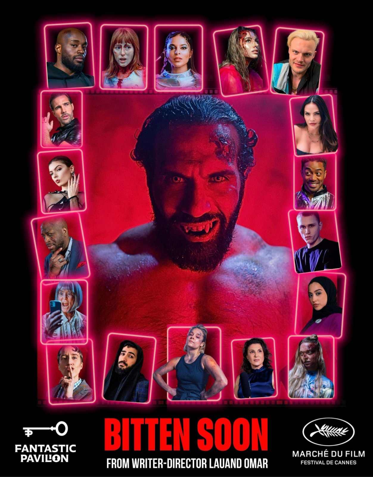De méxico a cannes: lauand omar sacude el fantastic pavilion 2026 con "bitten soon", una sátira de vampiros y horror político la revista del sureste mx Un Primer Plano Del Póster Promocional De Formato Vertical De La Serie De Terror Y Comedia &Quot;Bitten Soon&Quot;. El Diseño Presenta Un Estilo De Cuadrícula Retro Sobre Un Fondo Negro Con Marcos De Color Rosa Brillante De Líneas Delgadas.