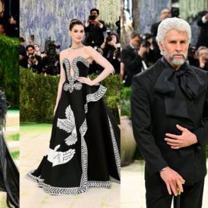 Un Collage De Cuatro Fotografías Verticales Que Muestran A Celebridades En La Met Gala 2024. De Izquierda A Derecha: La Cantante Sabrina Carpenter Posa En La Escalinata Con Un Atrevido Vestido De Encaje Negro Translúcido Y Tacones De Plataforma; La Actriz Anne Hathaway Luce Un Impresionante Vestido De Noche Strapless Con Un Corpiño Blanco Y Negro Y Una Falda Que Incluye Bordados De Una Paloma Y Manos; El Actor Bad Bunny, Casi Irreconocible Con El Cabello Y La Barba Blancos Y Sosteniendo Un Bastón, Lleva Un Traje Negro Formal Con Una Bufanda De Gran Tamaño; Y El Cantante Maluma Sonríe Mientras Lleva Un Traje Negro Adornado Con Lentejuelas Brillantes En La Chaqueta.