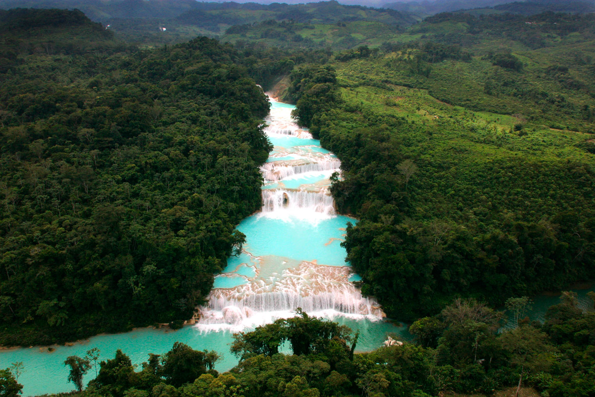 Vista Aérea Panorámica Y En Picado De Un Sistema De Cascadas Escalonadas De Un Intenso Color Azul Turquesa. El Cuerpo De Agua Fluye En Niveles Descendentes, Formando Terrazas Naturales De Roca Calcárea Blanquecina Y Pozas Anchas De Aguas Cristalinas. El Cauce Está Completamente Flanqueado E Inmerso En Una Densa Y Exuberante Selva Tropical De Color Verde Intenso, Con Árboles Altos Que Cubren Las Laderas Circundantes.