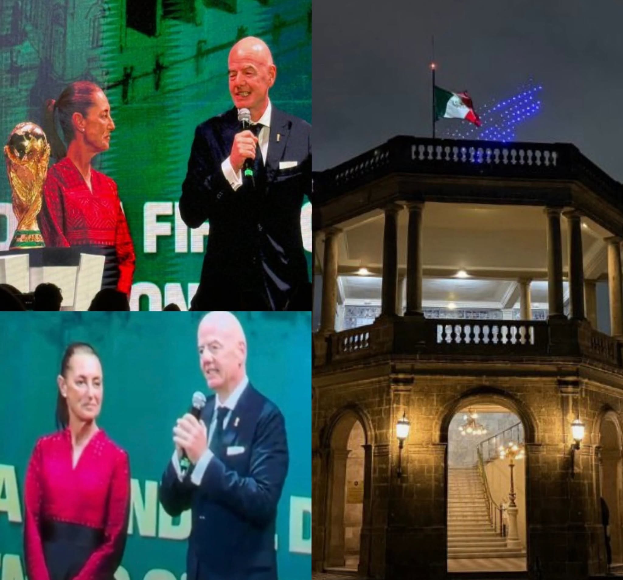 Noche de gala en el castillo de chapultepec: claudia sheinbaum y gianni infantino celebran el arranque del mundial 2026 la revista del sureste mx Collage De Cuatro Imágenes Que Documenta La Cena De Gala De La Fifa En El Castillo De Chapultepec. En La Esquina Superior Izquierda, La Presidenta Claudia Sheinbaum Porta Un Vestido Rojo Artesanal Junto A Gianni Infantino, Quien Habla Por Micrófono Al Lado Del Trofeo De La Copa Del Mundo.