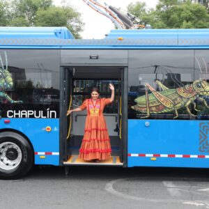 Clara brugada inaugura rutas de trolebús el chapulín y animales silvestres en cdmx la revista del sureste mx Vista De Perfil De Un Moderno Trolebús Eléctrico Azul De La Ciudad De México. En El Costado Izquierdo Lleva Una Ilustración Estilizada De Un Chapulín Verde Con Patrones Indígenas Y La Palabra &Amp;Quot;Chapulín&Amp;Quot; En Letras Blancas. En La Puerta Abierta Del Centro, La Jefa De Gobierno, Clara Brugada, Viste Un Vestido Largo Color Naranja Con Bordados Tradicionales Y Saluda Con La Mano Levantada. El Costado Derecho Del Vehículo Muestra Ilustraciones De Animales Como Un Jaguar, Un Quetzal Y Un Xoloitzcuintle Bajo El Rótulo &Amp;Quot;Animales Silvestres&Amp;Quot;.