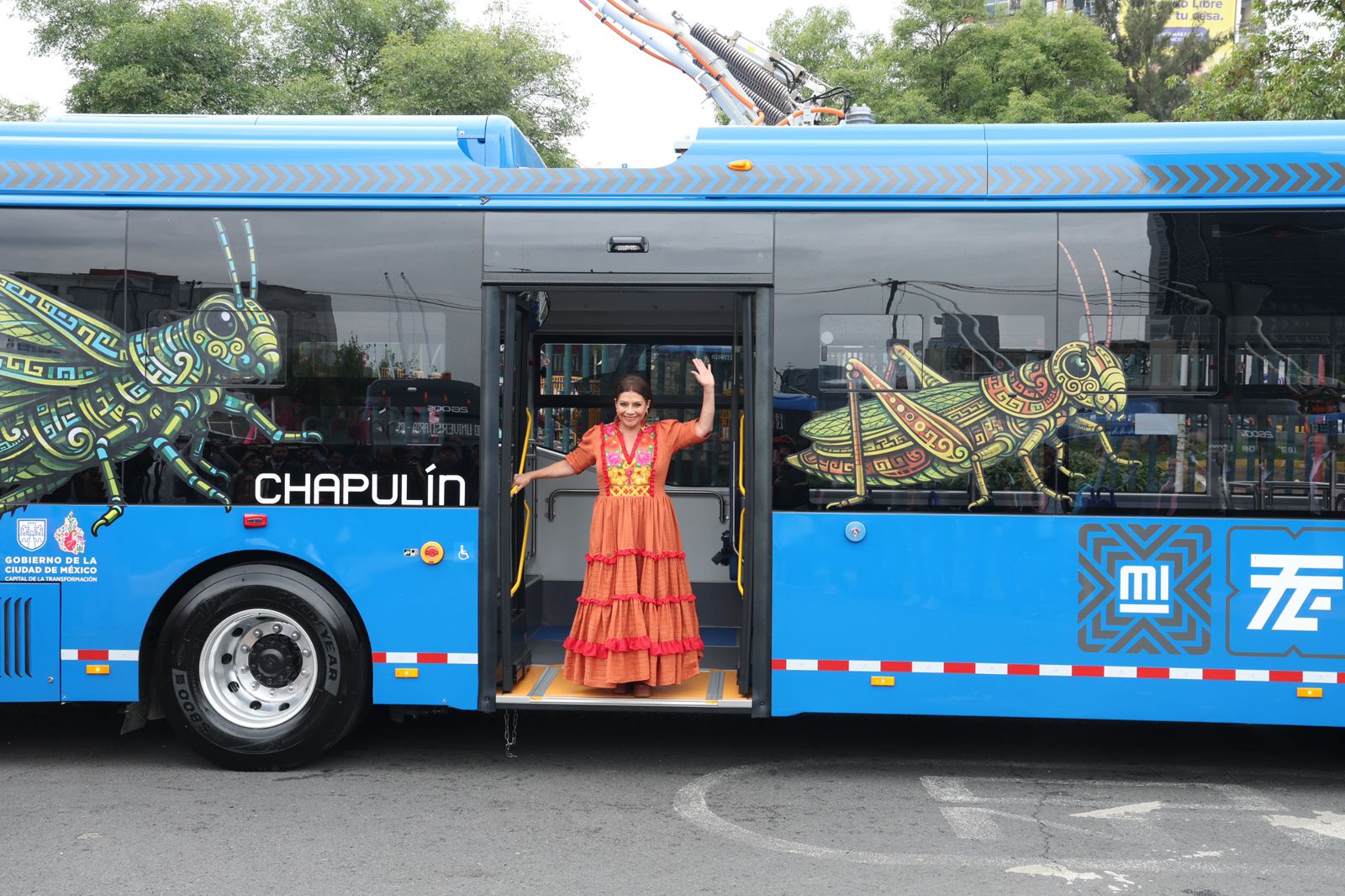 Vista De Perfil De Un Moderno Trolebús Eléctrico Azul De La Ciudad De México. En El Costado Izquierdo Lleva Una Ilustración Estilizada De Un Chapulín Verde Con Patrones Indígenas Y La Palabra &Quot;Chapulín&Quot; En Letras Blancas. En La Puerta Abierta Del Centro, La Jefa De Gobierno, Clara Brugada, Viste Un Vestido Largo Color Naranja Con Bordados Tradicionales Y Saluda Con La Mano Levantada. El Costado Derecho Del Vehículo Muestra Ilustraciones De Animales Como Un Jaguar, Un Quetzal Y Un Xoloitzcuintle Bajo El Rótulo &Quot;Animales Silvestres&Quot;.
