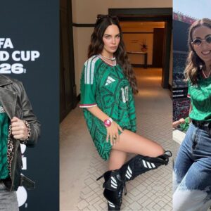 Collage De Tres Fotografías Donde Aparecen Diego Boneta, Belinda Y Una Aficionada Luciendo Jerseys Oficiales De La Selección Mexicana Durante El Mundial 2026.