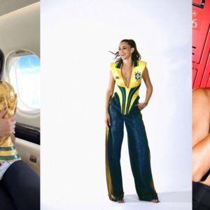 Un Collage Horizontal De Tres Fotografías Que Muestra A Distintas Parejas De Futbolistas Reconocidos. A La Izquierda, Georgina Rodríguez Sonríe Sentada En El Asiento De Un Avión Privado Mientras Sostiene Réplica Del Trofeo De La Copa Del Mundo De La Fifa; Viste Una Playera Blanca Estampada Y Pantalones Oscuros.