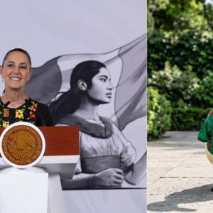 Del mundial a palacio nacional: claudia sheinbaum invitará al pato 'merlín' a "la mañanera" la revista del sureste mx Una Imagen Compuesta Por Dos Fotografías Verticales Dispuestas Lado A Lado. A La Izquierda, La Presidenta De México, Claudia Sheinbaum, Aparece Sonriendo Detrás De Un Podio Presidencial Blanco Con Detalles De Madera Y El Escudo Nacional Dorado. Viste Una Blusa Negra Con Coloridos Bordados Florales Tradicionales. Detrás De Ella Se Observa La Bandera De México Y Una Gran Ilustración En Blanco Y Negro De Una Mujer Indígena Portando La Bandera. A La Derecha, Se Muestra Al Pato Merlín Posando De Frente Sobre Un Suelo De Cantera Al Aire Libre, Con Vegetación Verde Difuminada Al Fondo. El Pato, De Plumaje Blanco, Viste La Playera Verde De La Selección Mexicana De Futbol, Lleva Un Collar Naranja Con Una Placa Metálica En Forma De Hueso Que Dice &Amp;Quot;Merlin&Amp;Quot;, Y Calza Unos Pequeños Tenis Negros En Sus Patas.