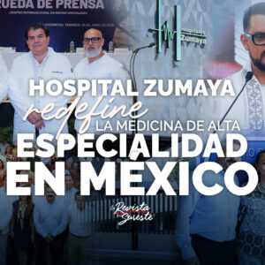 Un Collage Fotográfico Promocional E Institucional Que Destaca La Presentación Del Hospital Zumaya. En La Parte Superior Izquierda Se Observa Un Panel Con Tres Directivos Masculinos De Pie Durante Una Rueda De Prensa En Villahermosa, Tabasco, Celebrada El 25 De Junio De 2026. Al Centro, El Logotipo Corporativo De &Amp;Quot;Hospitales Zumaya&Amp;Quot; Sobre La Fachada De Un Edificio Moderno. A La Derecha, Un Plano Medio De Un Directivo Con Barba Y Lentes Que Viste Una Guayabera Blanca Bordada Tradicional.
