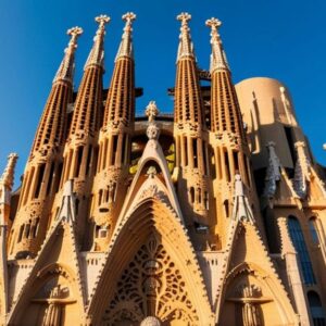 Fotografía Panorámica En Plano Medio Y Contrapicado Desde Las Alturas De La Sagrada Familia En Barcelona. En El Centro, Dos Operarios Con Cascos Blancos Y Arneses De Seguridad Trabajan En Una Plataforma Metálica, Sosteniendo Y Ajustando Una Monumental Cruz De Cuatro Brazos De Piedra Y Paneles De Cristal Translúcido.