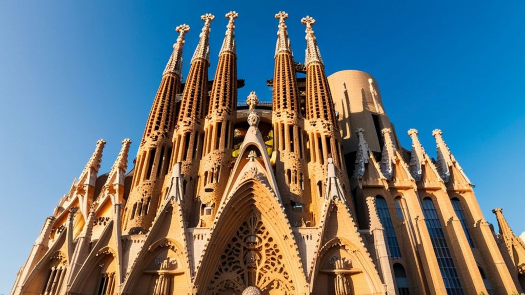 Fotografía Panorámica En Plano Medio Y Contrapicado Desde Las Alturas De La Sagrada Familia En Barcelona. En El Centro, Dos Operarios Con Cascos Blancos Y Arneses De Seguridad Trabajan En Una Plataforma Metálica, Sosteniendo Y Ajustando Una Monumental Cruz De Cuatro Brazos De Piedra Y Paneles De Cristal Translúcido.