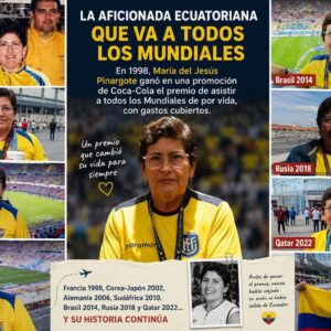 El boleto dorado del futbol: la mujer que lleva 28 años viajando gratis a todos los mundiales la revista del sureste mx Un Collage De Fotografías En Formato De Infografía Digital Titulado &Amp;Quot;La Aficionada Ecuatoriana Que Va A Todos Los Mundiales&Amp;Quot;. En El Centro, Destaca Una Fotografía En Primer Plano De María Del Jesús Pinargote Vistiendo La Playera Amarilla De La Selección De Ecuador Con La Marca Marathon. A Los Lados, Se Muestran Recuadros Con Fotos De Ella Sonriendo Dentro Y Fuera De Los Estadios En Siete Ediciones Mundialistas Distintas: Francia 1998, Corea-Japón 2002, Alemania 2006, Sudáfrica 2010, Brasil 2014, Rusia 2018 Y Qatar 2022. El Texto Principal Detalla Que En 1998 Ganó Una Promoción De Coca-Cola Que Le Otorgó El Premio De Asistir A Las Copas Del Mundo De Por Vida Con Todos Los Gastos Cubiertos. En La Parte Inferior, Se Incluye Una Ilustración De Un Avión, Una Foto Antigua En Blanco Y Negro De Ella, Y Una Nota Que Señala Que Antes De Ganar El Premio Nunca Había Viajado En Avión Ni Salido De Ecuador.