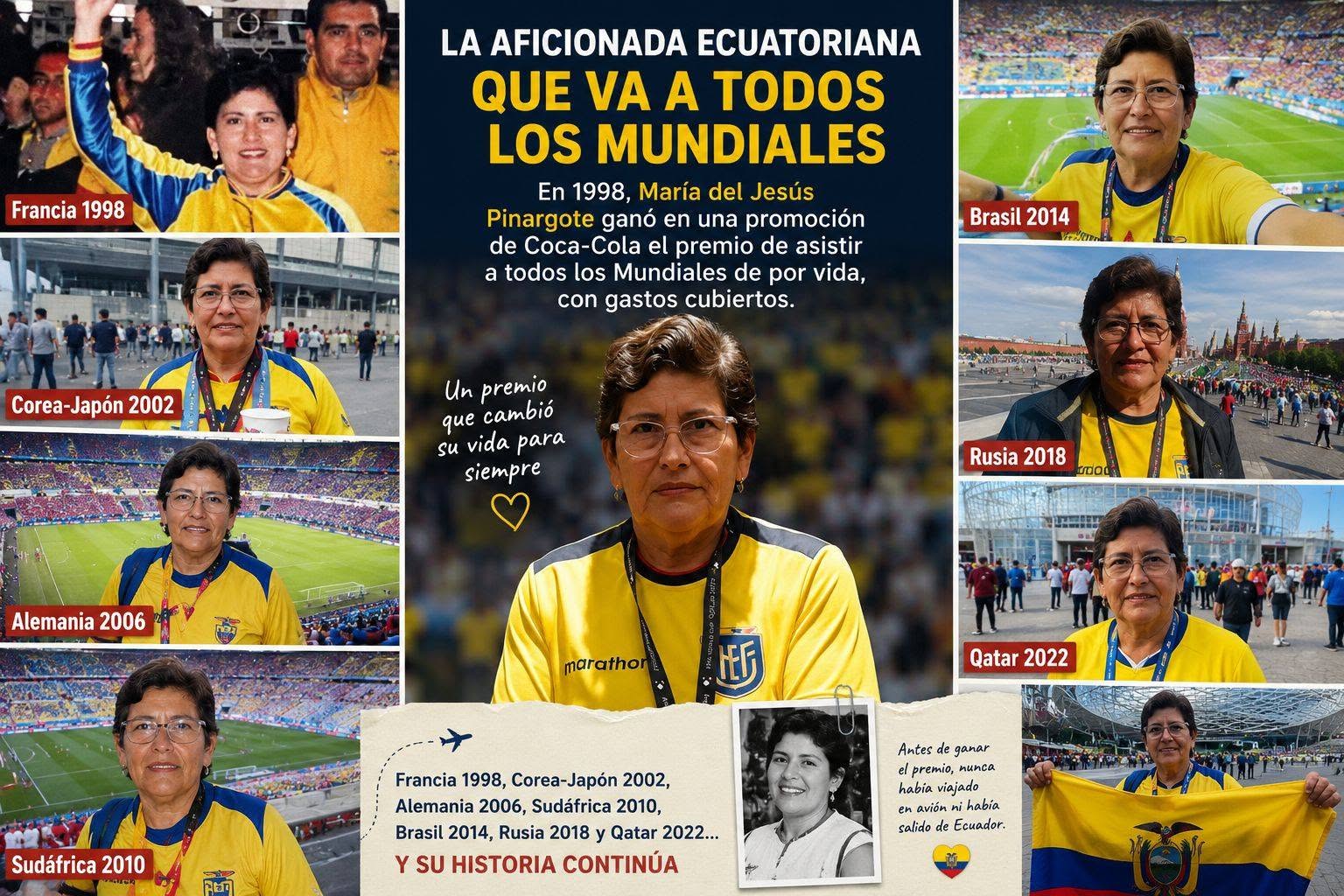 El boleto dorado del futbol: la mujer que lleva 28 años viajando gratis a todos los mundiales la revista del sureste mx Un Collage De Fotografías En Formato De Infografía Digital Titulado &Quot;La Aficionada Ecuatoriana Que Va A Todos Los Mundiales&Quot;. En El Centro, Destaca Una Fotografía En Primer Plano De María Del Jesús Pinargote Vistiendo La Playera Amarilla De La Selección De Ecuador Con La Marca Marathon. A Los Lados, Se Muestran Recuadros Con Fotos De Ella Sonriendo Dentro Y Fuera De Los Estadios En Siete Ediciones Mundialistas Distintas: Francia 1998, Corea-Japón 2002, Alemania 2006, Sudáfrica 2010, Brasil 2014, Rusia 2018 Y Qatar 2022. El Texto Principal Detalla Que En 1998 Ganó Una Promoción De Coca-Cola Que Le Otorgó El Premio De Asistir A Las Copas Del Mundo De Por Vida Con Todos Los Gastos Cubiertos. En La Parte Inferior, Se Incluye Una Ilustración De Un Avión, Una Foto Antigua En Blanco Y Negro De Ella, Y Una Nota Que Señala Que Antes De Ganar El Premio Nunca Había Viajado En Avión Ni Salido De Ecuador.