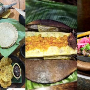 El edén de los sabores: tres paradas gastronómicas imperdibles para redescubrir el tabasco ancestral y tradicional la revista del sureste mx Un Collage Triple Horizontal Que Muestra Tres Platillos De La Gastronomía De Tabasco. A La Izquierda, Una Mesa Con Un Pejelagarto Asado Entero, Una Mojarra Frita, Tortillas De Maíz Sobre Hojas De Plátano, Tostones De Plátano Macho Y Frijoles Servidos En Una Mazorca De Cacao.