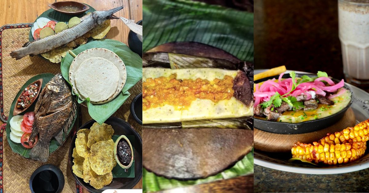 El edén de los sabores: tres paradas gastronómicas imperdibles para redescubrir el tabasco ancestral y tradicional la revista del sureste mx Un Collage Triple Horizontal Que Muestra Tres Platillos De La Gastronomía De Tabasco. A La Izquierda, Una Mesa Con Un Pejelagarto Asado Entero, Una Mojarra Frita, Tortillas De Maíz Sobre Hojas De Plátano, Tostones De Plátano Macho Y Frijoles Servidos En Una Mazorca De Cacao.