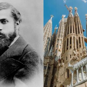 El genio y el místico: cien años del legado eterno de antoni gaudí, el "arquitecto de dios" la revista del sureste mx Composición Visual Dividida Verticalmente En Dos Partes Simétricas. A La Izquierda, Un Retrato Histórico En Blanco Y Negro, Con Tono Sepia Suave, Muestra A Un Joven Antoni Gaudí De Perfil Tres Cuartos Hacia La Derecha, Con Una Mirada Fija, Cabello Oscuro Peinado Hacia Atrás, Barba Densa Bien Recortada Y Vistiendo Un Abrigo Grueso De Solapas Anchas.