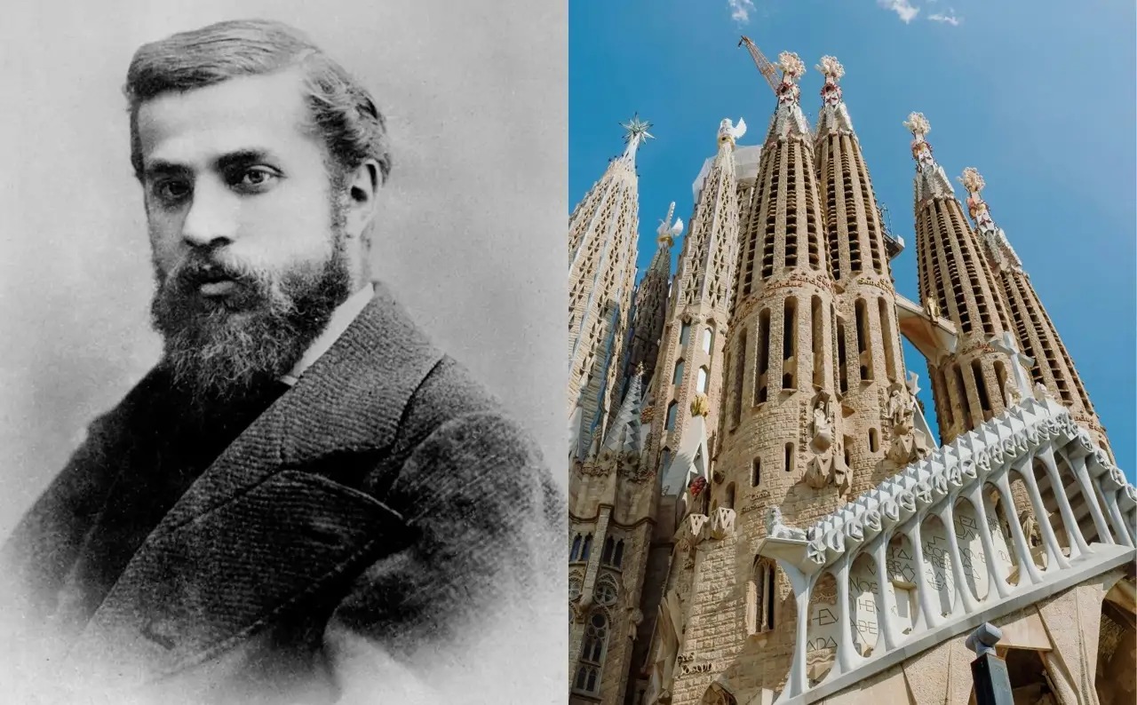 Composición Visual Dividida Verticalmente En Dos Partes Simétricas. A La Izquierda, Un Retrato Histórico En Blanco Y Negro, Con Tono Sepia Suave, Muestra A Un Joven Antoni Gaudí De Perfil Tres Cuartos Hacia La Derecha, Con Una Mirada Fija, Cabello Oscuro Peinado Hacia Atrás, Barba Densa Bien Recortada Y Vistiendo Un Abrigo Grueso De Solapas Anchas.