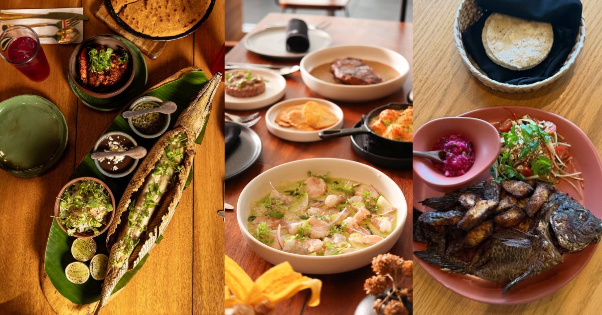 Excelencia gastronómica en villahermosa: 3 restaurantes imperdibles la revista del sureste mx Una Collage Vertical De Tres Paneles Que Presenta La Excelencia Gastronómica De Villahermosa, Tabasco. El Panel Superior Es Una Vista Cenital De Un Banquete De Pejelagarto Entero Asado Y Servido Sobre Una Hoja De Plátano Con Acompañamientos.