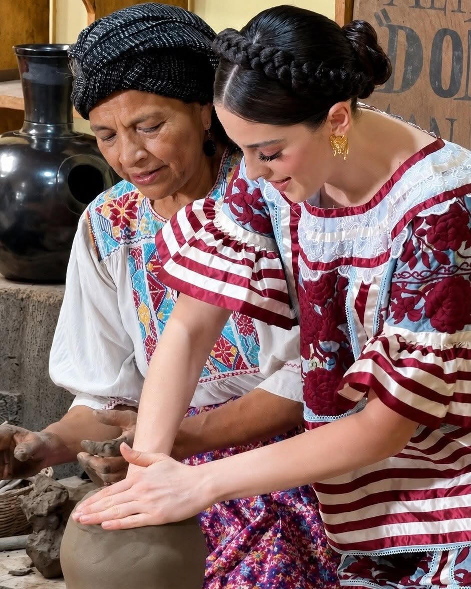 Fátima bosch en oaxaca: todo el recorrido de la miss universo rumbo a la guelaguetza 2026 la revista del sureste mx Fotografía De Primer Plano Medio Que Muestra A La Miss Universo Mexicana Fátima Bosch Junto A Una Maestra Artesana Oaxaqueña Moldeando Juntas Una Pieza De Arcilla En Un Taller Tradicional. A La Derecha, Fátima Bosch, Con El Cabello Recogido En Un Elaborado Peinado De Trenza Corona Y Luciendo Aretes Dorados, Viste Una Prenda Estilizada De Raíces Indígenas Con Bordados Florales En Tono Guinda Y Mangas Con Rallas Satinadas; Mantiene Sus Manos Suavemente Apoyadas Sobre La Pieza De Barro En Formación Mientras Mira Hacia Abajo Con Una Sonrisa. A La Izquierda, La Artesana Oaxaqueña, Portando Un Tocado Negro En La Cabeza Y Un Huipil Blanco Finamente Bordado Con Patrones Geométricos Multicolores, Observa Con Atención Y Guía El Trabajo Con Sus Manos Cubiertas De Arcilla. Al Fondo A La Izquierda Se Distingue Un Gran Jarrón De Barro Negro Bruñido Y Reluciente.