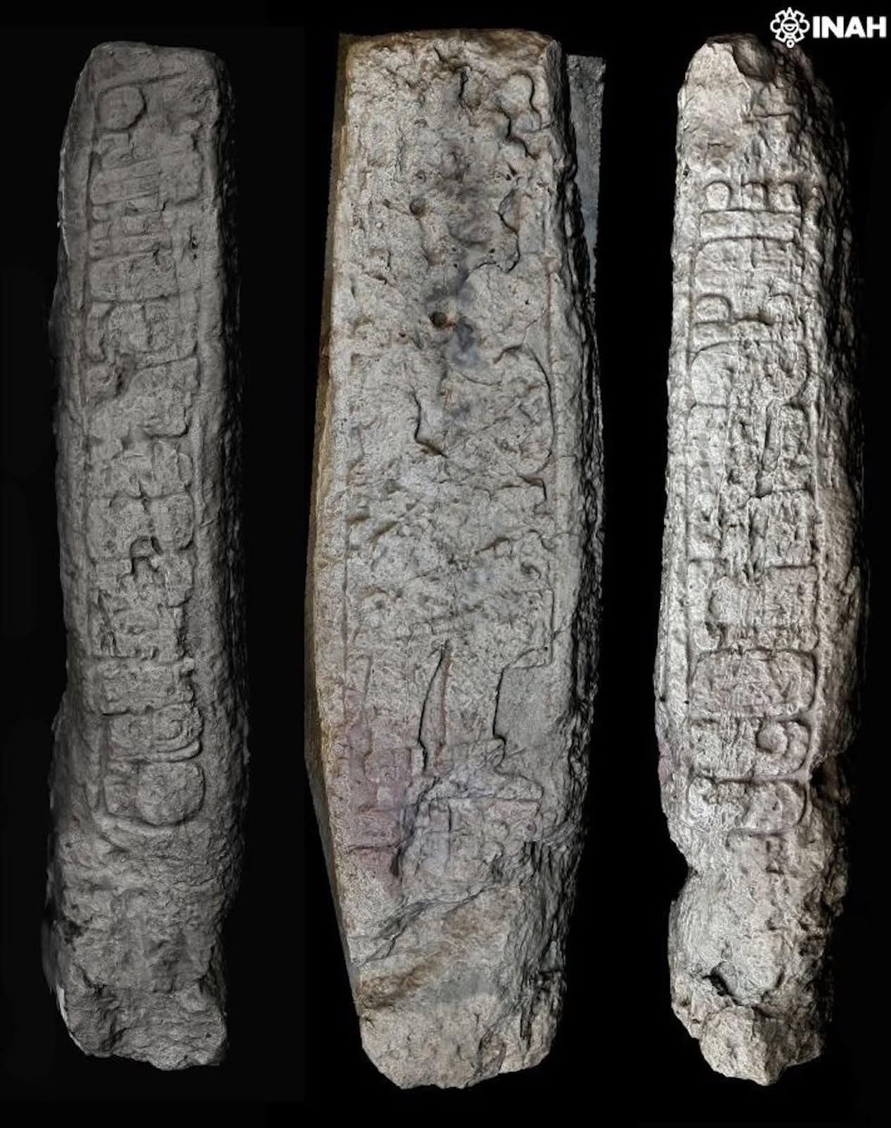 Fotografía De Estudio Con Fondo Negro Que Muestra Tres Vistas Detalladas De Un Antiguo Monolito De Piedra Caliza Tallada, Identificado Como La Estela 46 De El Palmar. De Izquierda A Derecha, Se Aprecian El Costado Izquierdo, La Cara Frontal Y El Costado Derecho De La Pieza Arqueológica.