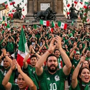 Una Toma De Plano General Elevada En El Ángel De La Independencia En Ciudad De México, Donde Miles De Aficionados De La Selección Mexicana De Fútbol Están Congregados Para Celebrar Una Victoria En La Copa Del Mundo.