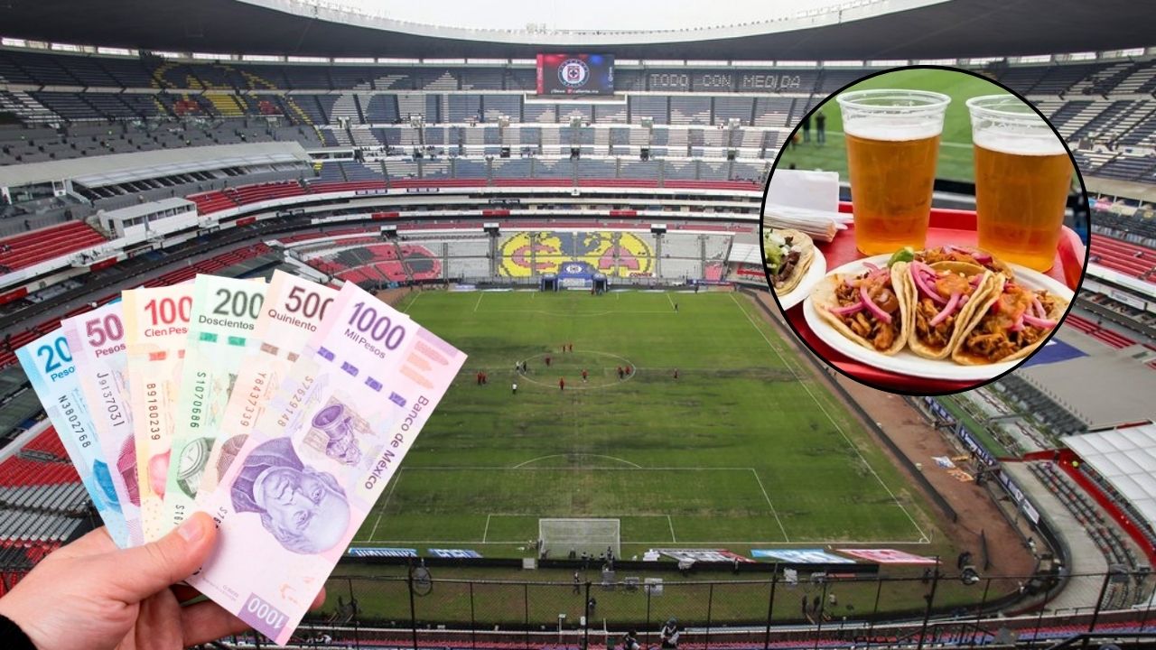 Composición Fotográfica Horizontal Que Muestra Una Panorámica Desde Las Alturas Del Estadio Azteca De La Ciudad De México Vacío, Con Los Escudos Del Club América Y Cruz Azul En Las Gradas. En La Esquina Inferior Izquierda, Una Mano Sostiene Un Abanico De Billetes Mexicanos De Diferentes Denominaciones (20, 50, 100, 200, 500 Y 1,000 Pesos) Expedidos Por El Banco De México.