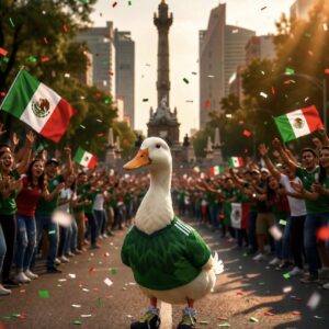 ¡méxico superando la ia! Conoce a merlín, el "pato mundialista" que enamora al mundo en el mundial 2026 la revista del sureste mx Un Pato Blanco Doméstico Posa En Medio De Una Avenida Mexicana Decorado Con La Playera Verde Oficial De La Selección De Fútbol Y Calzado Deportivo. A Sus Lados, Una Multitud De Fanáticos Con Camisetas De México Festeja Alegremente Agitando Banderas Nacionales Bajo Una Lluvia De Confeti, Teniendo Como Fondo El Icónico Monumento Al Ángel De La Independencia En Un Día Soleado.