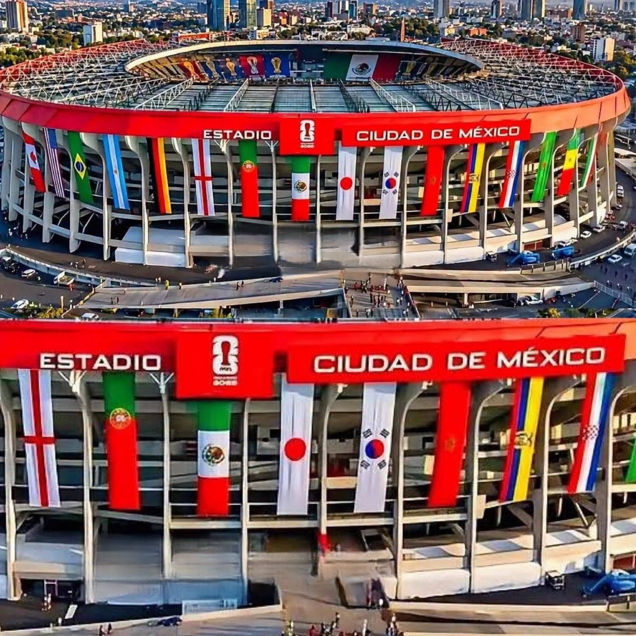 Una Imagen Dividida Horizontalmente En Dos Partes Que Muestra Tomas Aéreas Del Exterior Del Estadio Ciudad De México Decorado Para La Copa Del Mundo De La Fifa. El Coloso Presenta Una Estructura Exterior Imponente De Color Blanco Con Un Remate Superior Rojo Brillante Donde Se Lee En Letras Blancas &Quot;Estadio Ciudad De México&Quot;, Acompañado Del Logotipo Oficial Del Mundial 2026 En El Centro. De La Fachada Cuelgan Verticalmente Grandes Banderas De Diversos Países Participantes, Incluyendo Las De México, Japón, Corea Del Sur, Portugal, Inglaterra Y Argentina. La Sección Superior Muestra Una Vista Panorámica Completa Del Estadio Circular Con La Ciudad Al Fondo, Mientras Que La Sección Inferior Ofrece Un Plano Más Cerrado Y Detallado De La Entrada Principal Y Los Estandartes Nacionales.