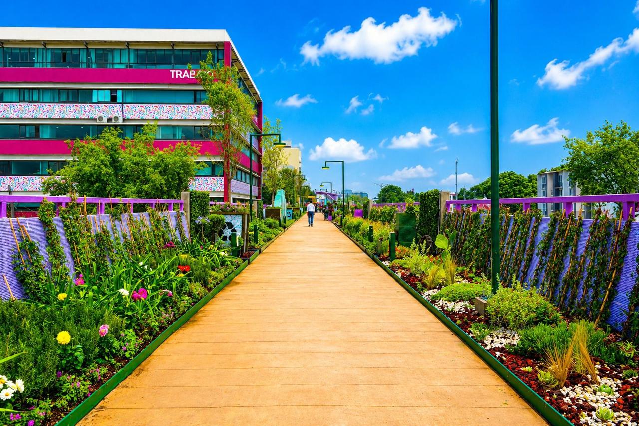 Fotografía En Perspectiva Central Que Muestra El Andador Peatonal Del Jardín Flotante &Quot;Tlallipan&Quot; En La Ciudad De México Bajo Un Cielo Azul Con Nubes Dispersas. El Pasillo, Pavimentado Con Un Acabado De Color Ocre Claro, Se Extiende Hacia El Fondo Flanqueado A Ambos Lados Por Jardineras Repletas De Vegetación Verde, Plantas Polinizadoras Y Flores De Colores.