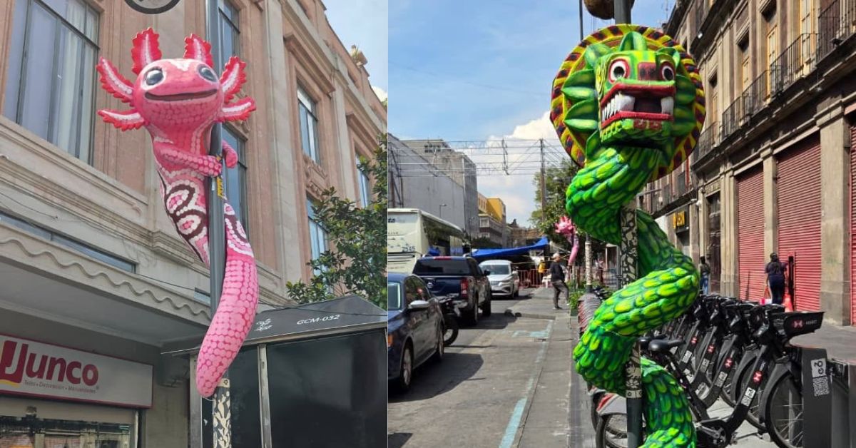 Tradición, misticismo y fútbol: ajolotes gigantes y quetzalcóatl conquistan el centro histórico de la cdmx en la fiesta del mundial la revista del sureste mx Fotografía En Formato Collage Que Muestra Dos Decoraciones Urbanas De Cartonería En Postes Públicos Del Centro Histórico De La Ciudad De México Por El Mundial 2026. Del Lado Izquierdo, Una Figura Monumental De Un Ajolote Color Rosa Mexicano Con Patrones Decorativos Blancos Aparece Trepando Un Poste Frente A Edificios De Arquitectura Clásica.