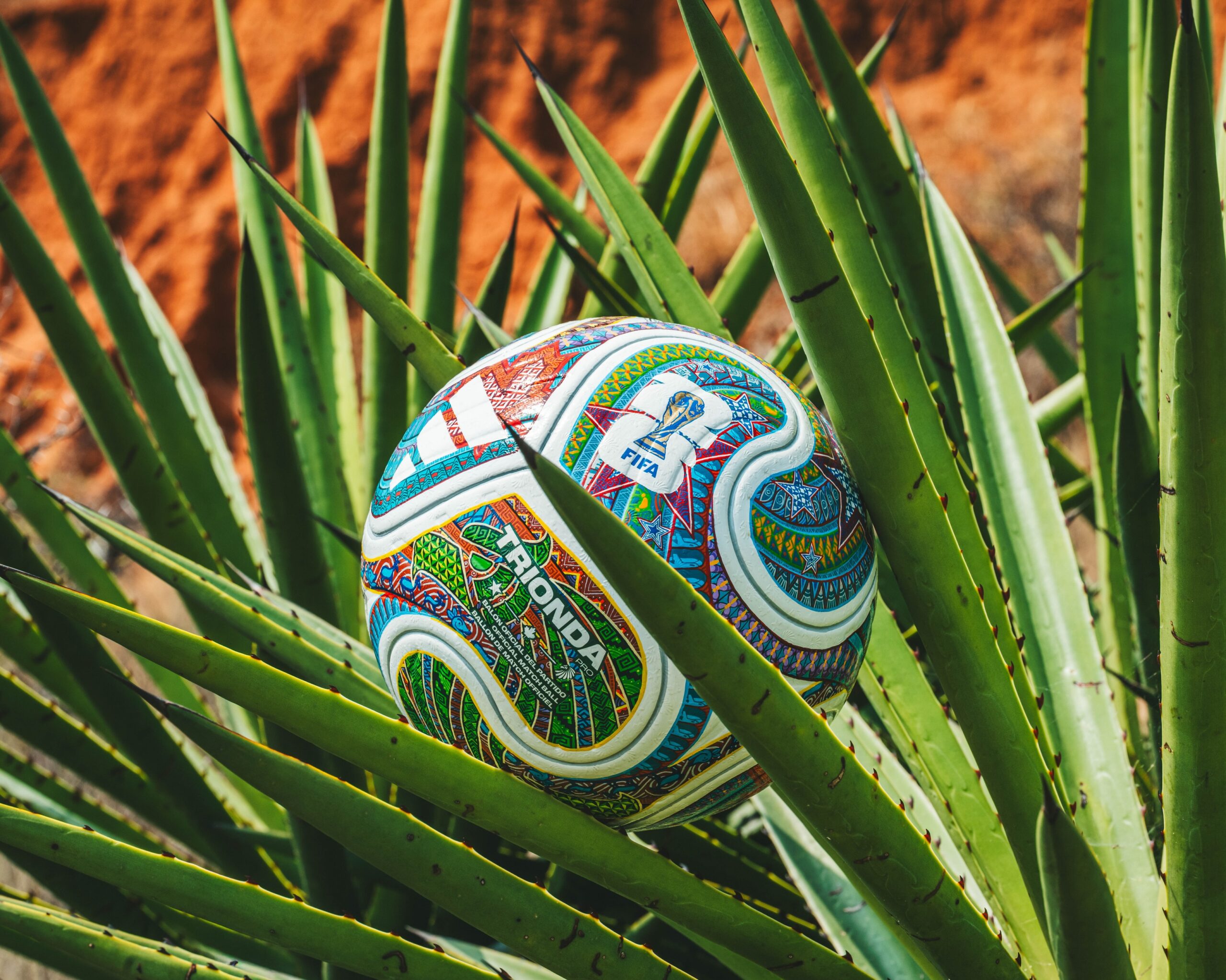 De oaxaca para el mundo: transforman balón oficial del mundial 2026 en una obra de arte y alebrije mundialista la revista del sureste mx Un Balón Oficial De Fútbol Adidas &Amp;Quot;Trionda&Amp;Quot; Intervenido Artísticamente Descansa En El Centro De Una Planta De Agave Verde Con Hojas Largas Y Espinosas. La Superficie Curva Del Cuero Blanco Está Cubierta Con Intrincados Patrones Geométricos Pintados A Mano En Vibrantes Tonos De Verde, Azul, Naranja, Rojo Y Amarillo, Evocando El Estilo Tradicional Del Arte Zapoteca Y Los Alebrijes Oaxaqueños.
